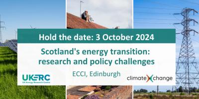 Save the date flyer with event information overlayed on images representing low carbon energy solutions